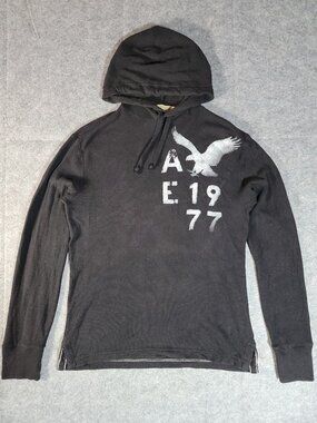 American Eagle Vintage Y2K Black Waffle Thermal Graphic Hoodie Size Small